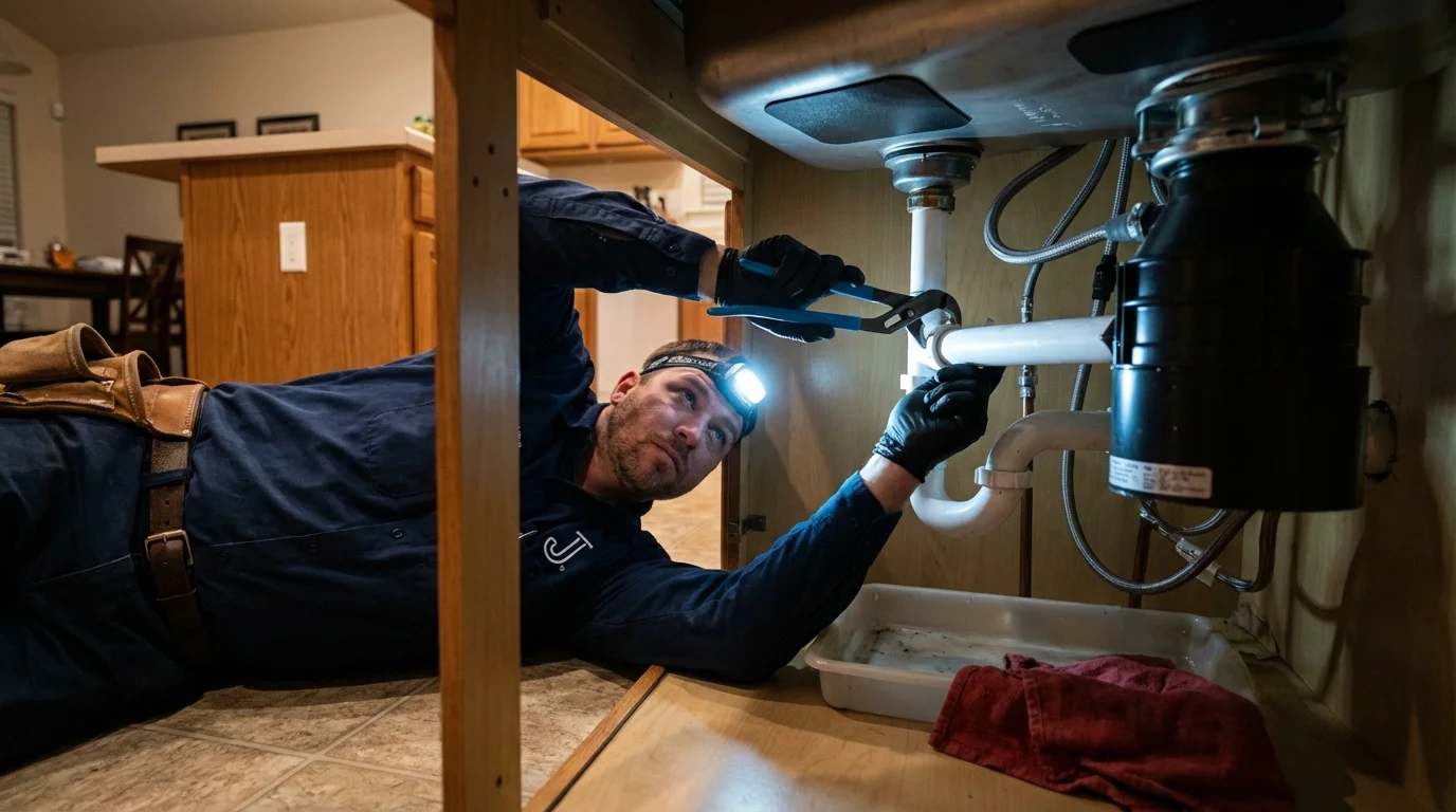P-trap and supply line connections under a kitchen sink showing a common leak point in Blissfield, MI